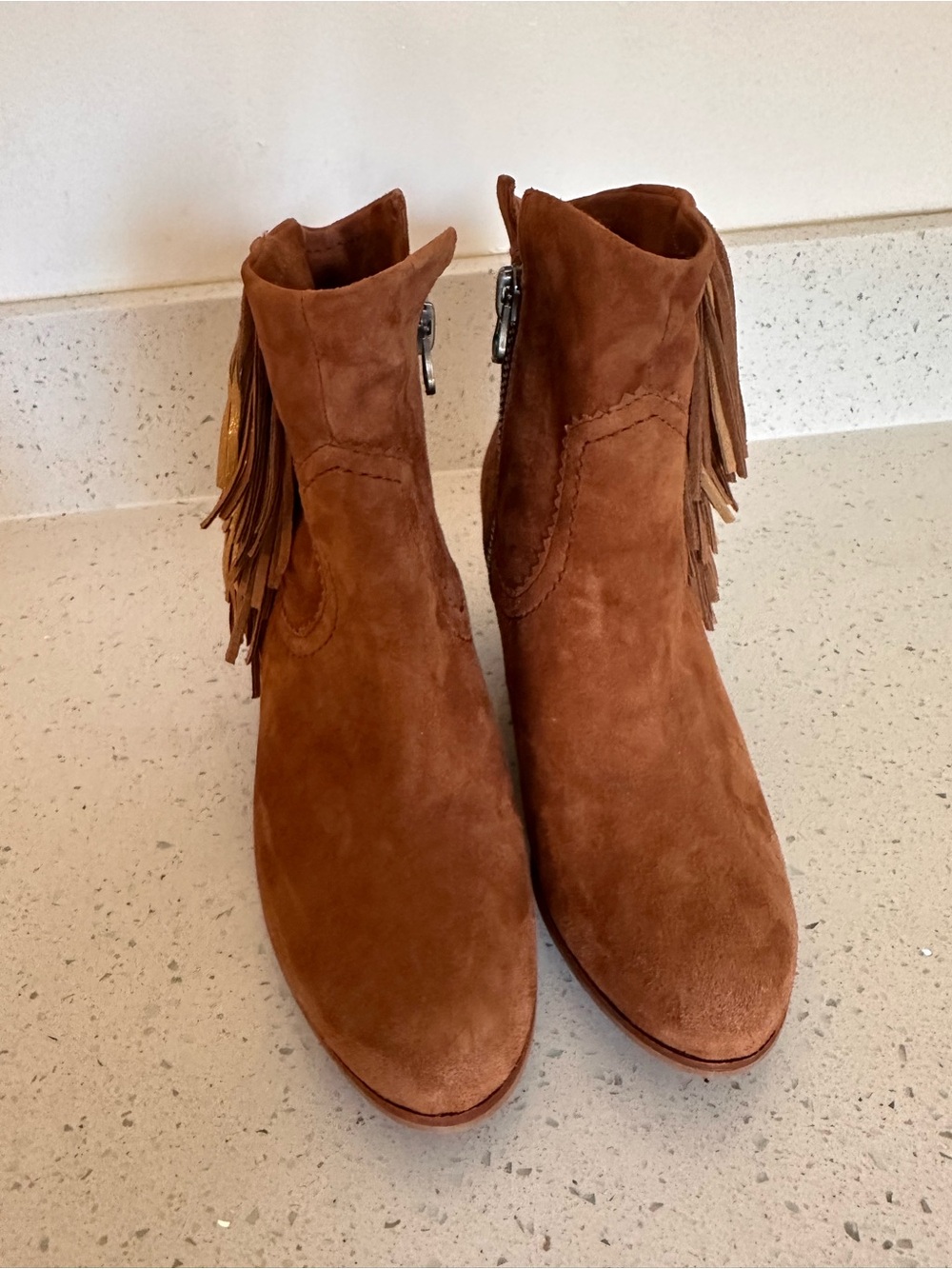 Sam Edelman Louie Saddle Suede Fringe Tassel Ankle Booties 10.5M Western Boho - Picture 9 of 11